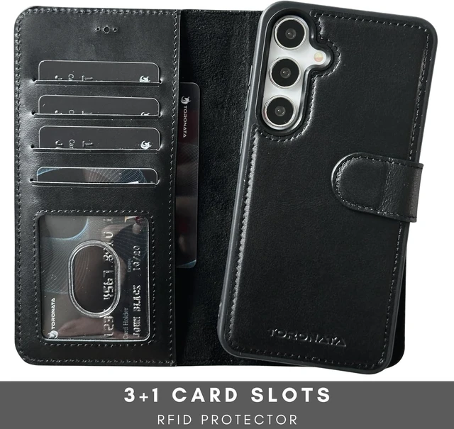 Alt view image 3 of 7 - Nevada Galaxy S24 Plus Leather Wallet Case - Luxury S24 Plus Case with Kickstand Card Slots - Handcrafted Anti Scratch RFID Leather Wallet (Black)