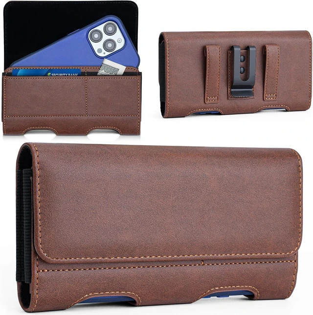 Main image of Leather Phone Holster with Heavy Duty Metal Belt Clip and Card Holder Compatible with iPhone 17/16/15/14/13 Pro Max 17 Air and Galaxy S26/S25/S24/S23/S22 Plus and FE - Brown