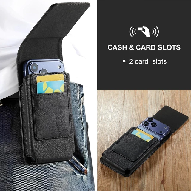 Alt view image 5 of 7 - Phone Holster with Belt Clip for iPhone 18/17/16/15/14/13/12 Pro Max & Plus Galaxy S25/S24/S23/S22 Ultra & Plus Premium Leather Pouch with Card Holder Magnetic Closure Rugged Outdoor Case Black L