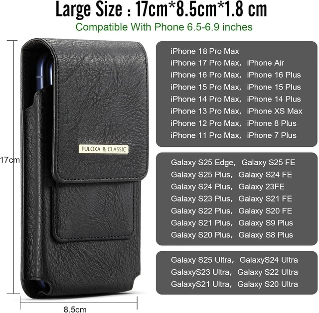 Alt view image 2 of 7 - Phone Holster with Belt Clip for iPhone 18/17/16/15/14/13/12 Pro Max & Plus Galaxy S25/S24/S23/S22 Ultra & Plus Premium Leather Pouch with Card Holder Magnetic Closure Rugged Outdoor Case Black L