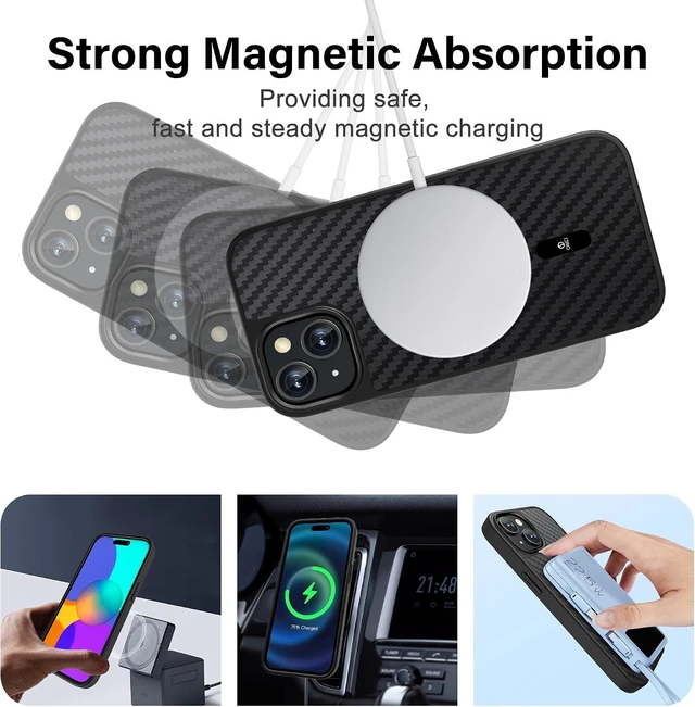 Alt view image 5 of 7 - Carbon Fiber Texture Compatible with Magsafe Case for iPhone 15 Military Grade Drop Protection Shockproof Anti-Yellowing Anti-Fingerprint Anti-Scratch Phone Cover