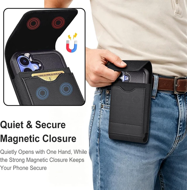 Alt view image 4 of 7 - Cell Phone Holster with Belt Clip Magnetic Closure Card Holder Black