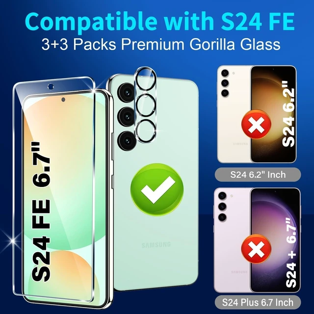 Alt view image 2 of 7 - 3 Pack for Galaxy S24 FE Screen Protector Tempered Glass + 3 Pack Camera Lens Protector Military Grade Shatterproof 9H Hardness Fingerprint Unlock Case Friendly 6.7 Inch