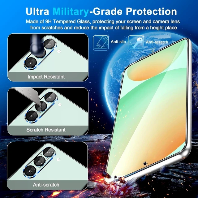 Alt view image 5 of 7 - 3 Pack for Galaxy S24 FE Screen Protector Tempered Glass + 3 Pack Camera Lens Protector Military Grade Shatterproof 9H Hardness Fingerprint Unlock Case Friendly 6.7 Inch