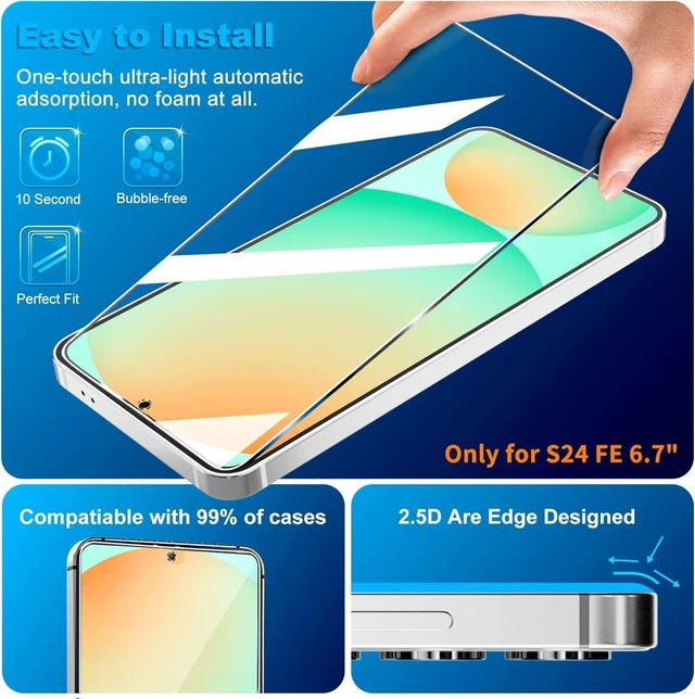 Alt view image 4 of 7 - 3 Pack for Galaxy S24 FE Screen Protector Tempered Glass + 3 Pack Camera Lens Protector Military Grade Shatterproof 9H Hardness Fingerprint Unlock Case Friendly 6.7 Inch