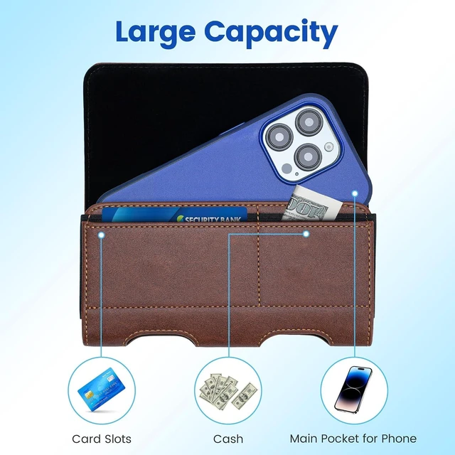 Alt view image 4 of 7 - Leather Phone Holster with Heavy Duty Metal Belt Clip and Card Holder Compatible with iPhone 17/16/15/14/13 Pro Max 17 Air and Galaxy S26/S25/S24/S23/S22 Plus and FE - Brown