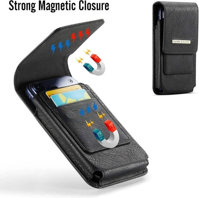 Alt view image 6 of 7 - Phone Holster with Belt Clip for iPhone 18/17/16/15/14/13/12 Pro Max & Plus Galaxy S25/S24/S23/S22 Ultra & Plus Premium Leather Pouch with Card Holder Magnetic Closure Rugged Outdoor Case Black L