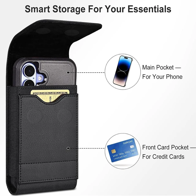 Alt view image 6 of 7 - Cell Phone Holster with Belt Clip Magnetic Closure Card Holder Black