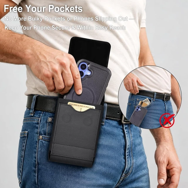 Alt view image 7 of 7 - Cell Phone Holster with Belt Clip Magnetic Closure Card Holder Black