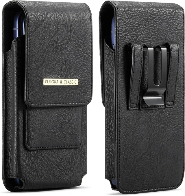 Main image of Phone Holster with Belt Clip for iPhone 18/17/16/15/14/13/12 Pro Max & Plus Galaxy S25/S24/S23/S22 Ultra & Plus Premium Leather Pouch with Card Holder Magnetic Closure Rugged Outdoor Case Black L