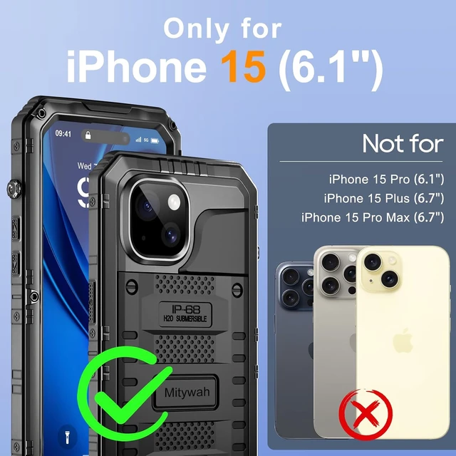 Alt view image 2 of 7 - Waterproof Case for iPhone 15 Heavy Duty Shockproof Case with Built-in Screen Protector Full Body Underwater Protective Metal Case 6.1 inch Black
