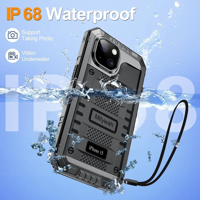 Alt view image 3 of 7 - Waterproof Case for iPhone 15 Heavy Duty Shockproof Case with Built-in Screen Protector Full Body Underwater Protective Metal Case 6.1 inch Black