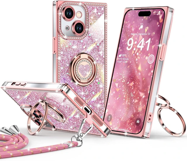 Main image of for iPhone 15 Case Glitter Bling Phone Cover with 2-Ring Heart Stand & Lanyard Women Girls Luxury Rhinestone Shockproof Protective Case for iPhone 15 Pink