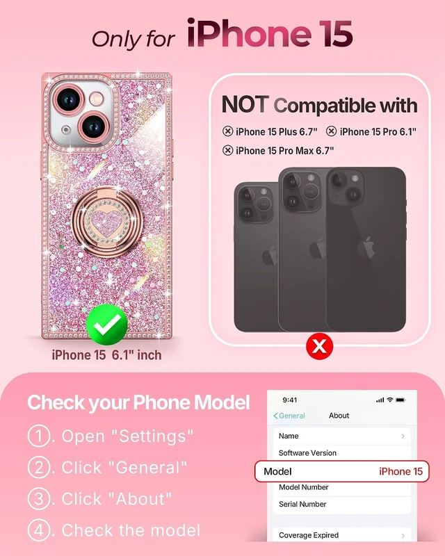 Alt view image 6 of 6 - for iPhone 15 Case Glitter Bling Phone Cover with 2-Ring Heart Stand & Lanyard Women Girls Luxury Rhinestone Shockproof Protective Case for iPhone 15 Pink