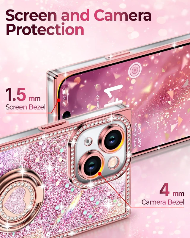 Alt view image 4 of 6 - for iPhone 15 Case Glitter Bling Phone Cover with 2-Ring Heart Stand & Lanyard Women Girls Luxury Rhinestone Shockproof Protective Case for iPhone 15 Pink