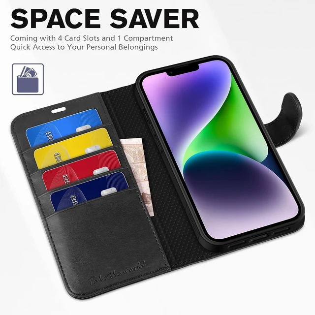 Alt view image 7 of 7 - Wallet Case for iPhone 14 (6.1) 2022 4 Card Holders Black