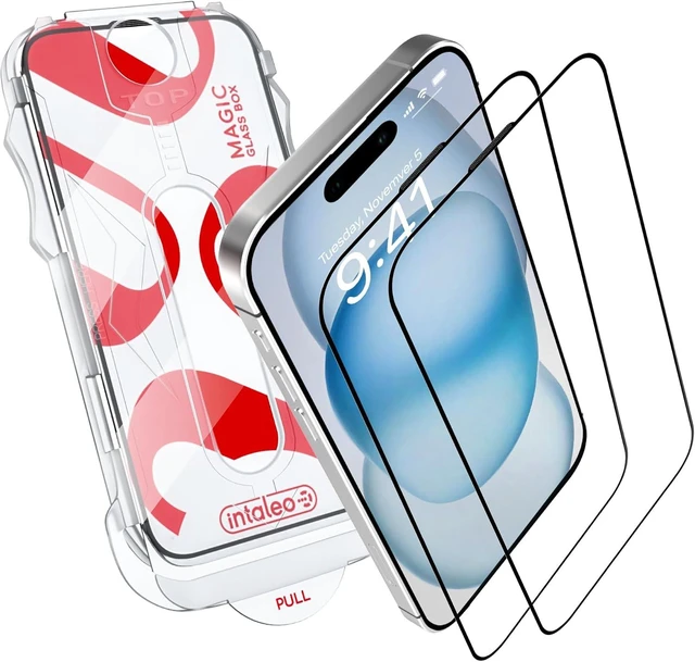 Main image of Tempered Glass Screen Protector for iPhone 15 Full Edge-to-Edge Protection 9H Hardness Oleophobic Coating - Accessories For IPhone 15 Phone Protector with Applicator - Black Design