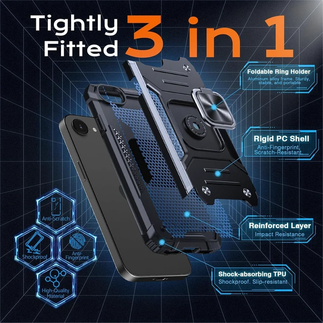 Alt view image 5 of 7 - Heavy Duty Case for iPhone 17e/16e Case with Enhanced Ring Holder Grip Stand Military Grade Shockproof Rugged Drop Protective Silicone Hard Slim iPhone 17e/16e Phone Case Cover Matte Black