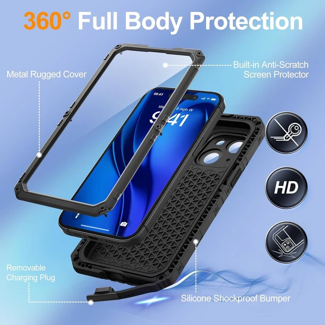 Alt view image 5 of 7 - Waterproof Case for iPhone 15 Heavy Duty Shockproof Case with Built-in Screen Protector Full Body Underwater Protective Metal Case 6.1 inch Black