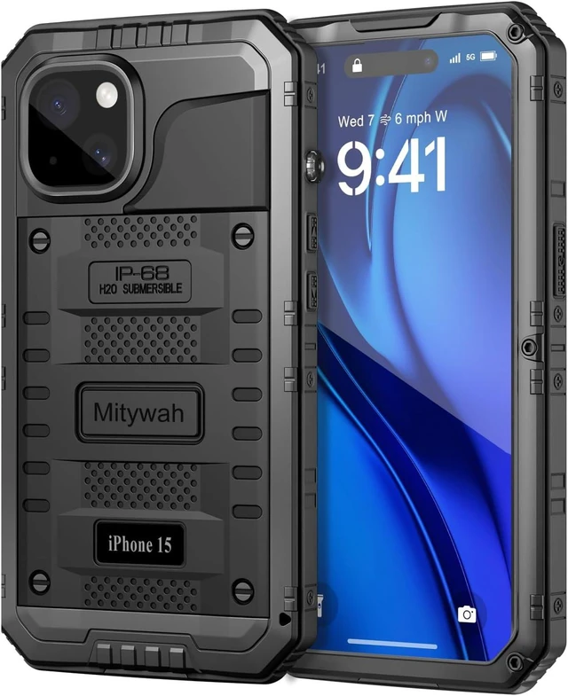 Main image of Waterproof Case for iPhone 15 Heavy Duty Shockproof Case with Built-in Screen Protector Full Body Underwater Protective Metal Case 6.1 inch Black