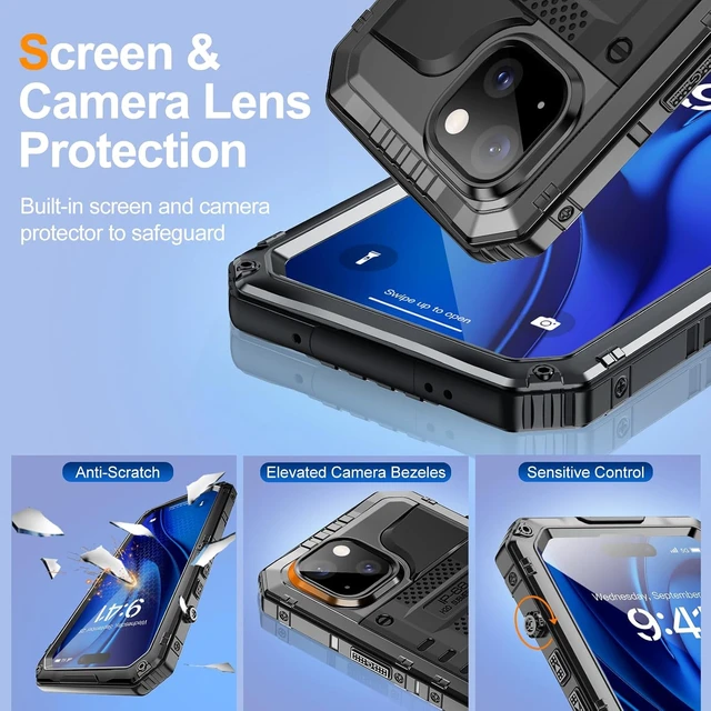 Alt view image 6 of 7 - Waterproof Case for iPhone 15 Heavy Duty Shockproof Case with Built-in Screen Protector Full Body Underwater Protective Metal Case 6.1 inch Black