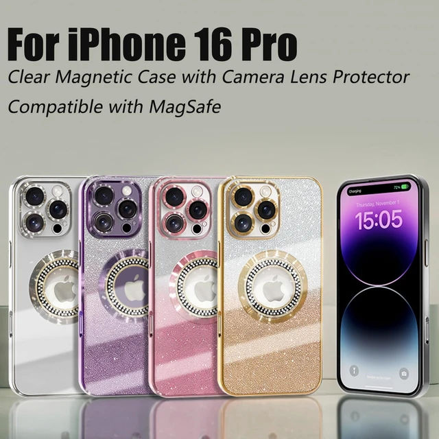 Alt view image 7 of 7 - for iPhone 16 Pro Magnetic Glitter Case Compatible with MagSafe Full Protection Slim Shockproof Anti-Scratch Case with Camera Lens Protector Logo View Dust-Proof Net for Women Gold