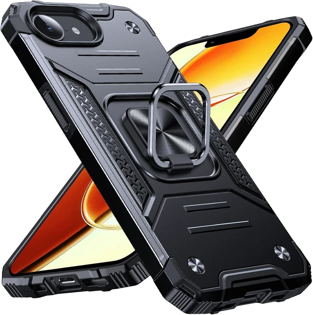 Main image of Heavy Duty Case for iPhone 17e/16e Case with Enhanced Ring Holder Grip Stand Military Grade Shockproof Rugged Drop Protective Silicone Hard Slim iPhone 17e/16e Phone Case Cover Matte Black