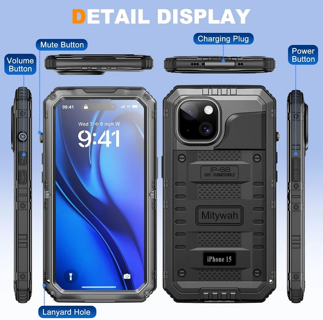 Alt view image 7 of 7 - Waterproof Case for iPhone 15 Heavy Duty Shockproof Case with Built-in Screen Protector Full Body Underwater Protective Metal Case 6.1 inch Black