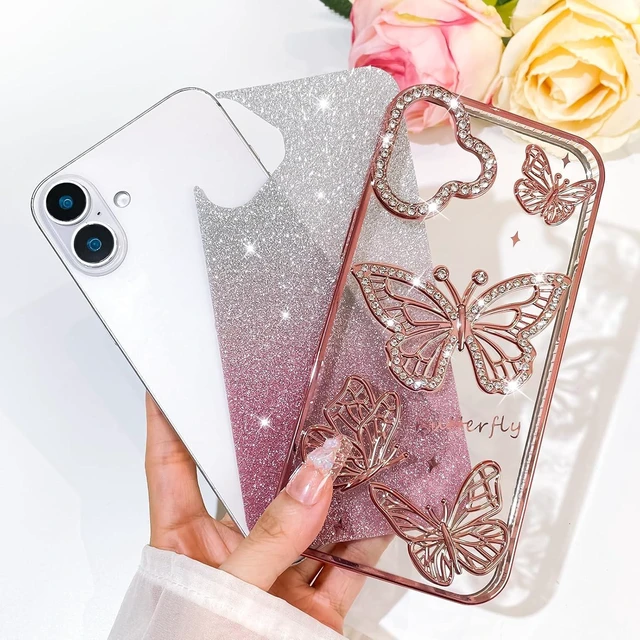 Alt view image 2 of 2 - Glitter Case for iPhone 16 Cute 3D Pink Butterfly Pattern
