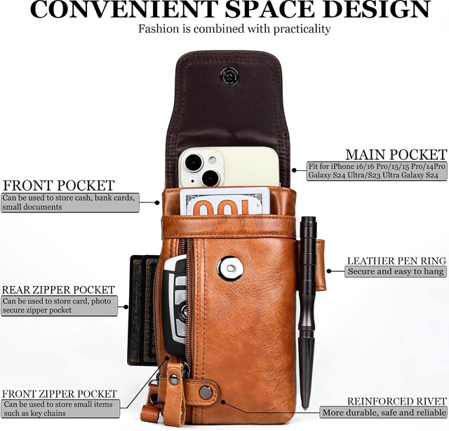 Alt view image 3 of 6 - Leather Phone Holster - Genuine Full-Grain Buffalo Leather Cell Phone Holsters - for iPhone 16 15 14 13pro Galaxy S24 S23 S22 (Brown Large)