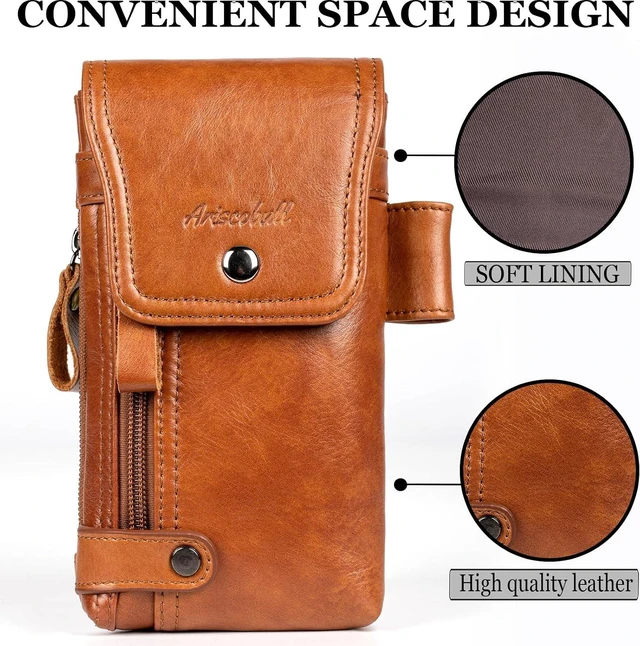 Alt view image 4 of 6 - Leather Phone Holster - Genuine Full-Grain Buffalo Leather Cell Phone Holsters - for iPhone 16 15 14 13pro Galaxy S24 S23 S22 (Brown Large)
