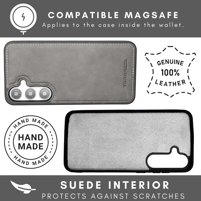 Alt view image 4 of 7 - Nevada Galaxy S24 Leather Wallet Case - Luxury S24 Case with Kickstand Design Card Slots - Handcrafted Anti Scratch RFID Leather Wallet (Gray)