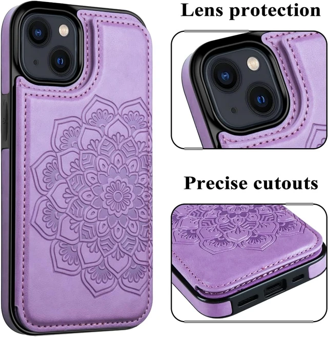 Alt view image 4 of 5 - for iPhone 14 Case with Card Holder Flower Magnetic Back Flip Wallet Case for Women Protective Case Phone Case for iPhone 14 Purple