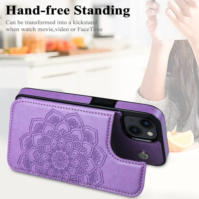 Alt view image 3 of 5 - for iPhone 14 Case with Card Holder Flower Magnetic Back Flip Wallet Case for Women Protective Case Phone Case for iPhone 14 Purple