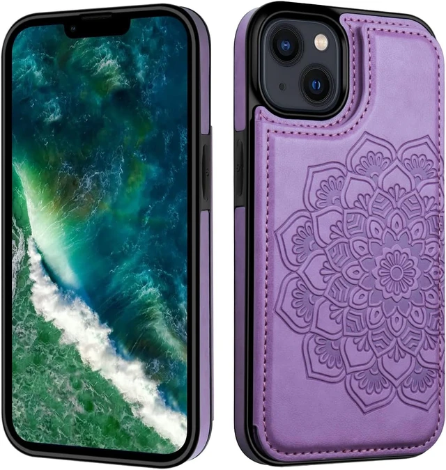 Alt view image 5 of 5 - for iPhone 14 Case with Card Holder Flower Magnetic Back Flip Wallet Case for Women Protective Case Phone Case for iPhone 14 Purple