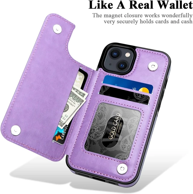 Alt view image 2 of 5 - for iPhone 14 Case with Card Holder Flower Magnetic Back Flip Wallet Case for Women Protective Case Phone Case for iPhone 14 Purple
