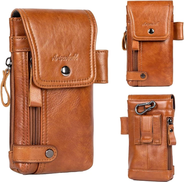 Main image of Leather Phone Holster - Genuine Full-Grain Buffalo Leather Cell Phone Holsters - for iPhone 16 15 14 13pro Galaxy S24 S23 S22 (Brown Large)