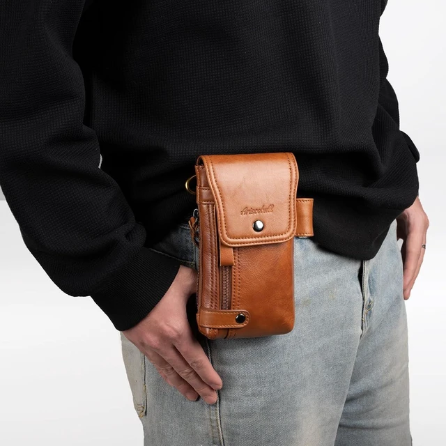 Alt view image 5 of 6 - Leather Phone Holster - Genuine Full-Grain Buffalo Leather Cell Phone Holsters - for iPhone 16 15 14 13pro Galaxy S24 S23 S22 (Brown Large)