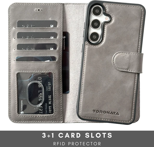 Alt view image 3 of 7 - Nevada Galaxy S24 Leather Wallet Case - Luxury S24 Case with Kickstand Design Card Slots - Handcrafted Anti Scratch RFID Leather Wallet (Gray)
