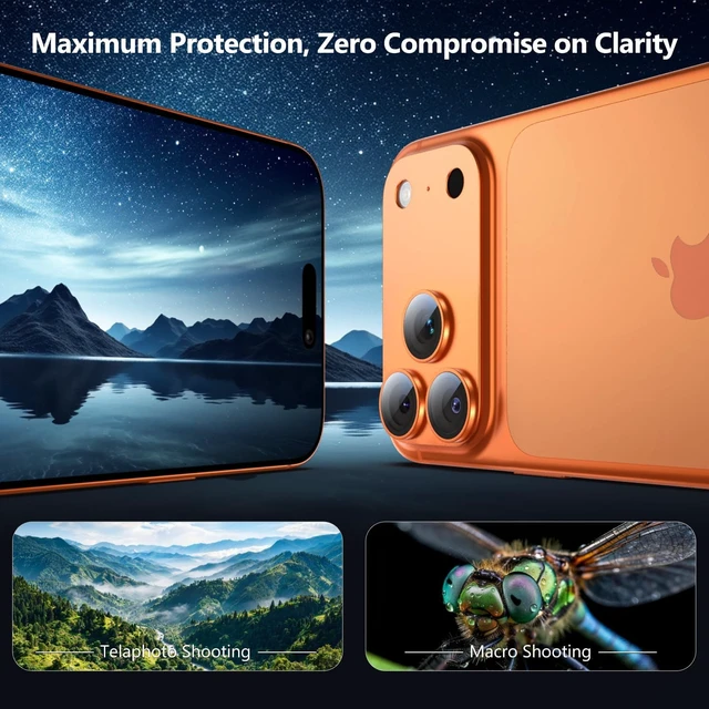 Alt view image 2 of 2 - -for iPhone 17 Pro Max Camera Lens Protector Metal Frame with Installation Tool Military-Grade 9H+ Tempered Glass Full Coverage Anti-Scratch 12FT Shatterproof Case-Friendly Cosmic Orange 1-Pack