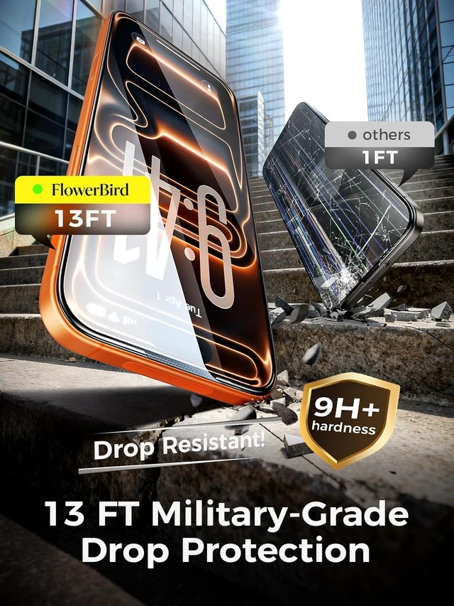 Alt view image 2 of 5 - Carbon-Fiber Reinforced for iPhone 17 Pro Max Screen Protector 6.9 Inch 13FT Drop-Tested 9H+ Tempered Glass with Integrated Shock-Absorbing Edge Auto-Alignment Tray HD Clear Bubble-Free 2 Pack