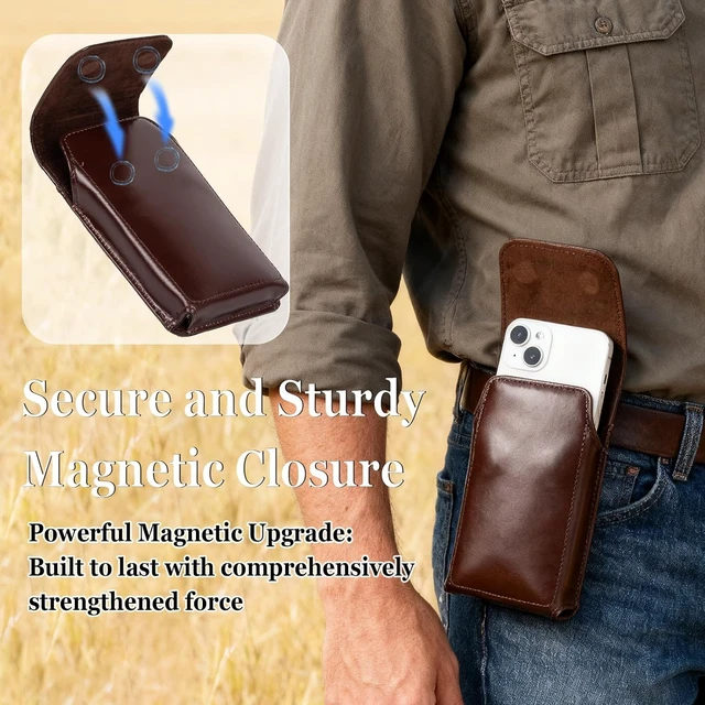Alt view image 4 of 5 - Leather Phone Holster - Genuine Full-Grain Buffalo Leather Cell Phone Holsters - for iPhone 16 15 14 13pro Galaxy S24 S23 S22-7.3 X 3.8 (Coffe Large)