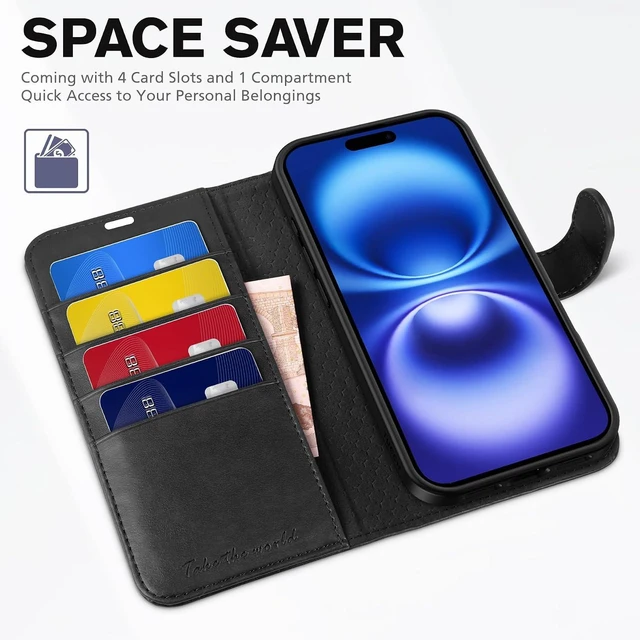 Alt view image 5 of 5 - Wallet Case for iPhone 16 (6.1) 2024 4 Card Holders Black