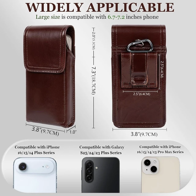 Main image of Leather Phone Holster - Genuine Full-Grain Buffalo Leather Cell Phone Holsters - for iPhone 16 15 14 13pro Galaxy S24 S23 S22-7.3 X 3.8 (Coffe Large)