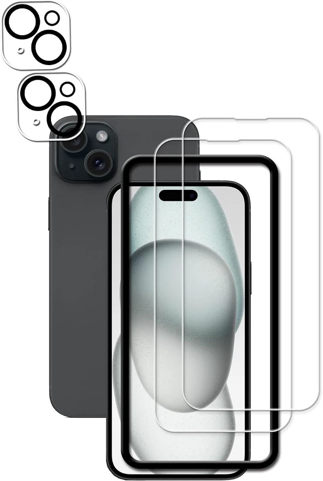 Main image of Easy Alignment Frame Designed For iPhone15 Tempered Glass Screen Protector 2-Pack Camera Lens Protector Film 2-Pack