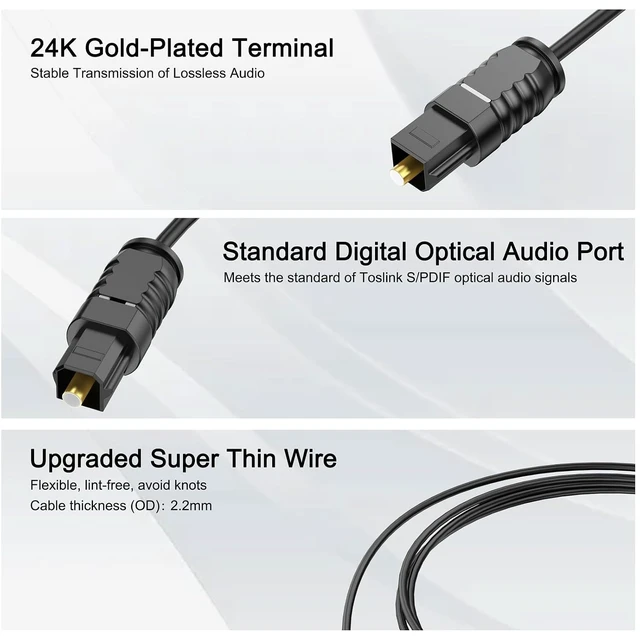 Alt view image 2 of 7 - Digital Optical Audio Cable 3 feet SPDIF Toslink for TV to Soundbar