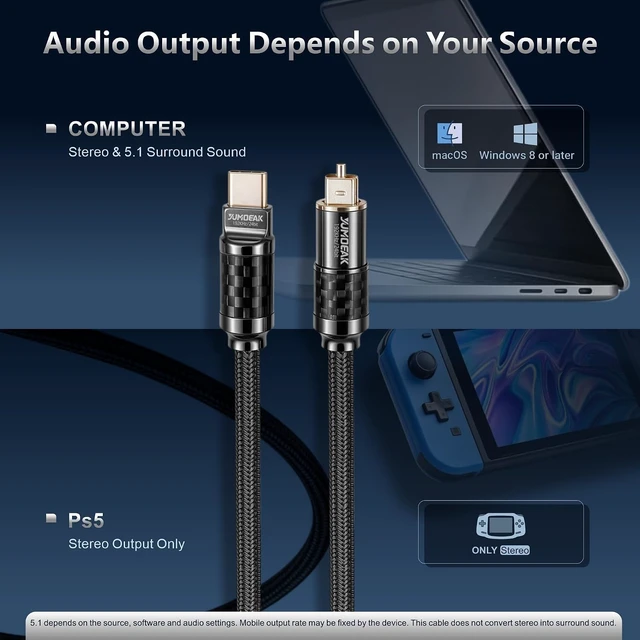 Alt view image 4 of 6 - USB C to Toslink Optical Audio Cable Unidirectional Type-C to SPDIF Cord