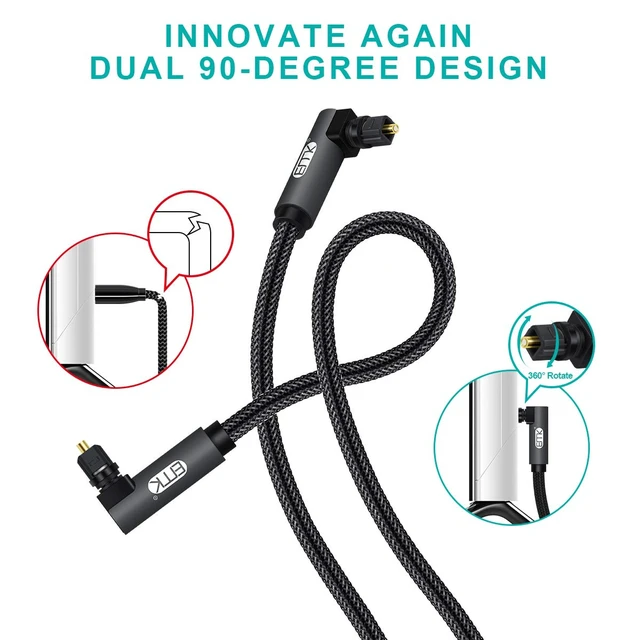 Alt view image 3 of 7 - Upgraded Double 90 Degree Optical Audio Cable Free-Rotating Toslink Plug Nylon Braided S/PDIF Digital Right Angle Optical Male to Male Cable for Home Theater Sound Bar TV(3.3ft/1m)