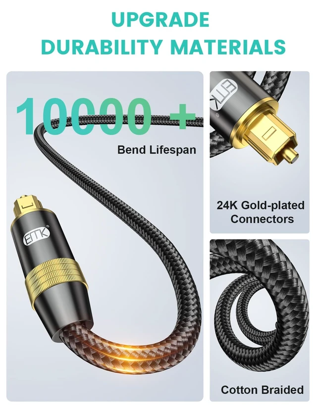 Alt view image 5 of 7 - Digital Optical Audio Cable Nylon Braided Fiber Optic Cord Toslink to Toslink (S/PDIF) 24K Gold-Plated Male to Male Supports Home Theater Sound Bar TV Black (10ft/3m)