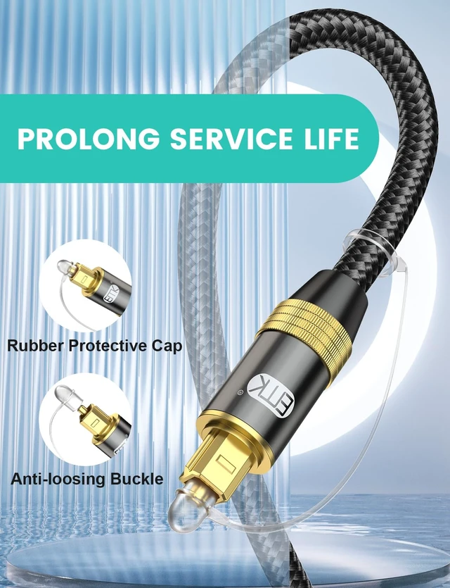 Alt view image 4 of 7 - Digital Optical Audio Cable Nylon Braided Fiber Optic Cord Toslink to Toslink (S/PDIF) 24K Gold-Plated Male to Male Supports Home Theater Sound Bar TV Black (10ft/3m)